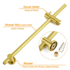 Brushed Gold Twin Shower Large Round 12" Rain Head Metal Rose Silde Wall Rail Arm Mixer Valve