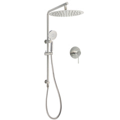 WELS Brushed Nickel Dual Shower Set Sliding Rail Arm 12" Round Head Handheld Wall Mixer