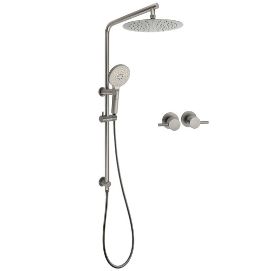 WELS Gun Metal Round 10" 2in1 Shower Head 3 Modes Handheld Slide Rail Arm Twin Taps