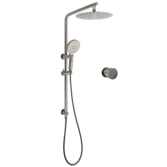 WELS Gun Metal Round 10" Twin Shower Head 3 Modes Handheld Slide Rail Arm Diverter Mixer Set