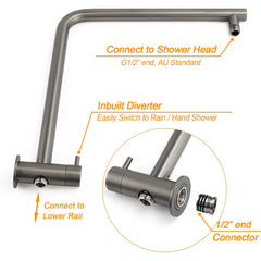 WELS Gun Metal Round 10" Twin Shower Head 3 Modes Handheld Slide Rail Arm Diverter Mixer Set