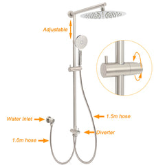 Brushed Nickel Round 12" Large Rain Head Shower Handheld Sliding Rail Arm Chrome Set + Twin Taps