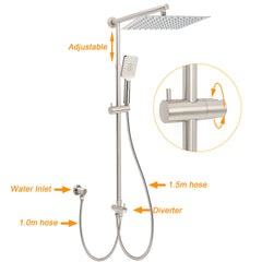 WELS Brushed Nickel 12" Rain Head Shower Square 3 Modes Handheld Sliding Rail Arm Mixer Dual Set