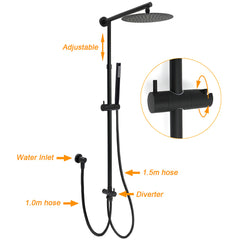 Matt Black 2in1 Round Shower 10" Rainfall Head Metal Handheld Sliding Rail Diverter Mixer Set