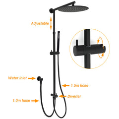WELS Matt Black Dual 12" Round Shower Head Set Metal Handheld Rail Wall Arm Elbow Inlet Twin Taps