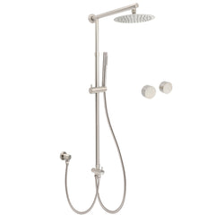 Brushed Nickel Round 8" Rain Head Shower Stainless Steel Handheld Sliding Rail Arm Chrome Set + Twin Taps