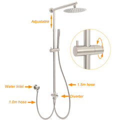 WELS Brushed Nickel Round 8" Rain Head Shower 1 Mode Handheld Sliding Rail Mixer 2in1 Set
