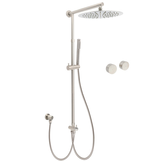 Brushed Nickel Round 12" SUS Rain Head Metal Handheld Shower Sliding Rail Arm Chrome Set + Twin Taps