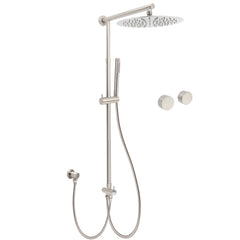 Brushed Nickel Round 12" SUS Rain Head Metal Handheld Shower Sliding Rail Arm Chrome Set + Twin Taps