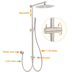 Brushed Nickel Round 12" Rain Head Shower Single Mode Handheld Sliding Rail Arm Mixer 2in1 Set