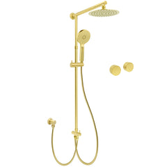 WELS Brushed Gold 2in1 Shower 8" Round Head Set 3 Mode Handheld Rose Sliding Rail Twin Taps