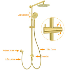 WELS Brushed Gold Shower 8" Round Head 3 Mode Handheld Rose Sliding Rail Mixer Dual Set