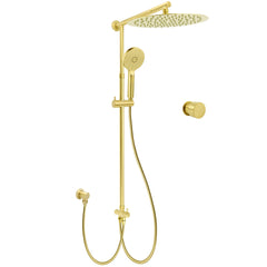 Brushed Gold Dual Round Shower 12" Top Head 3 Mode Handheld Sliding Rail Arm Mixer Valve