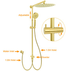 Brushed Gold 12" Large Shower Head 3 Mode Handheld Rose Sliding Rail Arm Round Mixer Set