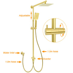 Brushed Gold Dual Square 8" Rain Shower Head 3 Mode Handheld Sliding Rail Arm Twin Taps Set
