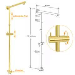 Brushed Gold Square 10" Rain Head 3 Mode Handheld Sliding Rail Wall Arm Dual Shower Taps Set