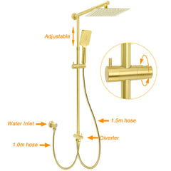 WELS Brushed Gold Square 10" Rain Head 3 Mode Handheld Sliding Rail Wall Mixer 2in1 Shower Set