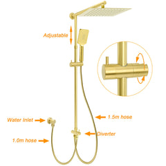 Brushed Gold Square 12" Large Rain Head 3 Mode Handheld Rose Sliding Rail Arm Twin Shower Set