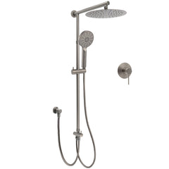 WELS Gun Metal Double Round Shower 10" Rain Head 3 Mode Handheld Sliding Rail Mixer Valve Set
