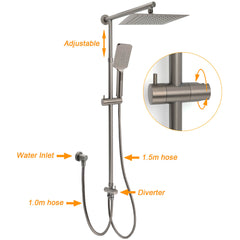 WELS Gun Metal 2in1 Shower Set Square 10" Rain Head Handheld Adjustable Silde Rail Combo
