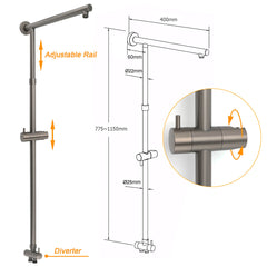 WELS Gun Metal 2in1 Shower Set Square 12" Rainfall Head Handheld Adjustable Silde Rail Combo