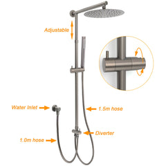 WELS Gun Metal Dual Round Shower 10" Rain Head Stainless Steel Handheld Sliding Rail Diverter Set