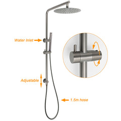 WELS Gun Metal Dual Round Shower Head 10" Rain Head Stainless Steel Handheld Sliding Rail Diverter Set