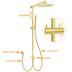 Brushed Gold Dual Round Shower 12" Top Head Simple Stick Handheld Sliding Rail Arm Mixer Valve