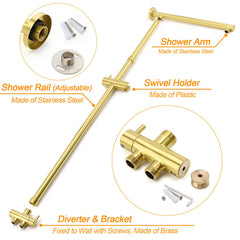 Brushed Gold Dual Round Shower 12" Top Head Simple Stick Handheld Sliding Rail Arm Mixer Valve