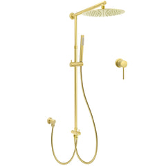 WELS Brushed Gold Dual Large Round Shower Set 12" Rain Head Stainless Steel Handheld Sliding Rail Small Face Mixer