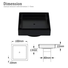 Matt Black Square 100x100mm Tile Insert Floor Drain Shower Grate 80mm Outlet Waste