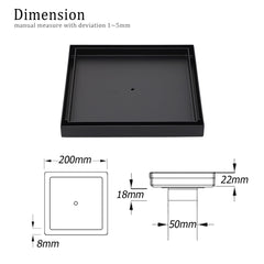 Matt Black Bathroom Big 200mm Tile Insert Floor Drain Shower Grate 50mm Outlet