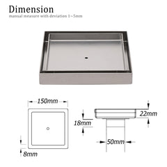 150x150mm Square Tile Insert Floor Drain Stainless Steel Shower Grate 50mm Waste