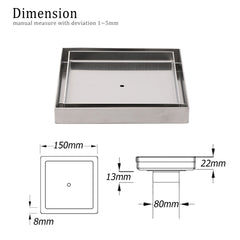 Square 150x150mm Tile Insert Floor Drain 80mm Waste Stainless Steel Shower Grate