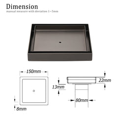 Bathroom Gun Metal 150mm Tile Insert Floor Drain Shower Grate 80mm Waste Outlet