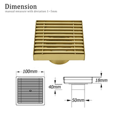 Brushed Gold Smart Square 100mm Strip Fence Floor Drain Shower Grate 50mm Waste