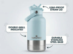 Pawstock 3-in-1 Insulated Dog Water Bottle with Dual Bowls – 1L Stainless Steel Travel Bottle-Aqua