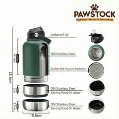 Pawstock 3-in-1 Insulated Dog Water Bottle with Dual Bowls – 1L Stainless Steel Travel Bottle-Rainforest Green