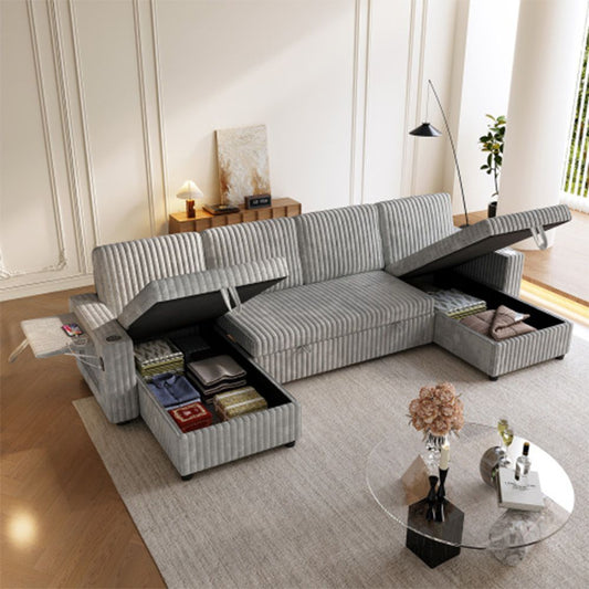 Oversized U Shaped Plush Corduroy Fluffy Sectional Sleeper Sofa - Grey