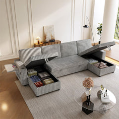 Oversized U Shaped Plush Corduroy Fluffy Sectional Sleeper Sofa - Grey