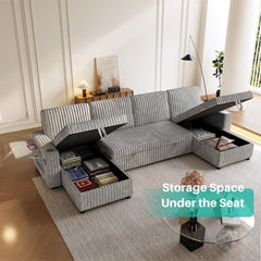 Oversized U Shaped Plush Corduroy Fluffy Sectional Sleeper Sofa - Grey