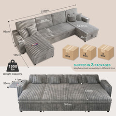 Oversized U Shaped Plush Corduroy Fluffy Sectional Sleeper Sofa - Grey