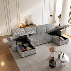 Oversized U Shaped Plush Corduroy Fluffy Sectional Sleeper Sofa - Grey