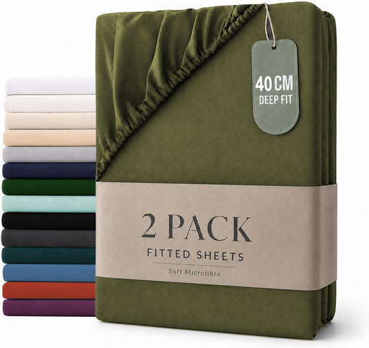 Hotel Quality Fitted sheets - 2 Piece Fitted sheets -Breathable Bedding - Wrinkle, Fade, Stain Resistant- 26inch/40cm Deep Pocket Fitted Bed Sheet-Wrinkle and Fade Resistant,(Olive green,Super King)