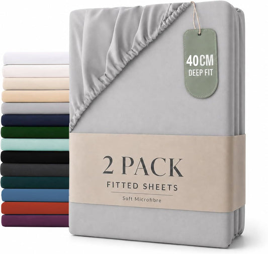 Hotel Quality Fitted sheets - 2 Piece Fitted sheets -Breathable Bedding - Wrinkle, Fade, Stain Resistant- 26inch/40cm Deep Pocket Fitted Bed Sheet-Wrinkle and Fade Resistant,(Silver-gray,Super King)