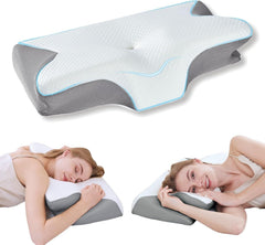 Cervical Neck Pillow for Neck Pain Relief, 2 in 1 Ergonomic Orthopedic Bed Pillow for Sleeping, Memory Foam Pillows for Side, Back & Stomach Sleepers with Removable Pillowcase(Grey)