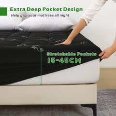 800GSM Mattress Topper Viscose Derived from Bamboo, Thick Pillowtop Fitted Mattress Cover with 45cm Deep Skirt - Machine Washable Hypoallergenic(King Single,Black)