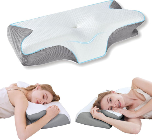 Bamboo Cervical Pillow for Neck and Shoulder Pain Relief Ergonomic Bed Pillow, Cooling Ergonomic Memory Foam Pillow Butterfly Shape for Side Back Stomach Sleeping Use with Breathable Cooling Pillowcase