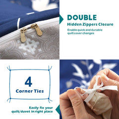 3 Piece Hotel Soft Microfiber Quilt Cover Set-2000TC Duvet/Donna Cover Set & Pillowcases -1 Quilt Cover Zipper Closure & 1 x Pillowcases-Breathable Bedding - Wrinkle, Fade, Stain Resistant(Navy Floral,Double)