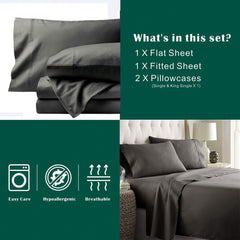 4 Piece Bed Sheet Set- Bedding Sheets & Pillowcases -Breathable Bedding - Wrinkle, Fade, Stain Resistant-Deep Pocket Flat Fitted Bed Sheet Set(Dark gray,King)